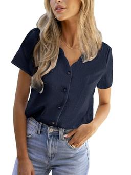CUPSHE Women Summer Tops Short Sleeve Dressy Casual Business Work Blouses Office Shirts Navy Blue XS