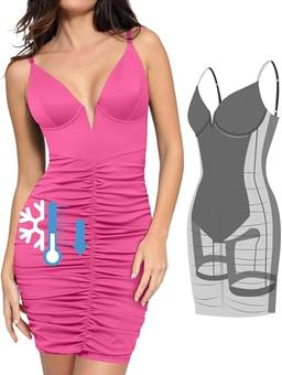 Popilush Corset Midi Dress Deep V-Neck Adjustable Strape Summer Ruched Dresses Tummy Control Built in Shapewear Pink