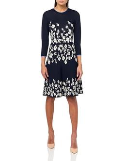 Vince Camuto Women's 3/4 Sleeve High Neck Knit A-Line Mini Dress, Navy, Medium