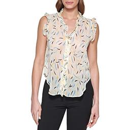 DKNY Women's Sleeveless Ruffle Trim Blouse, Parchment, M