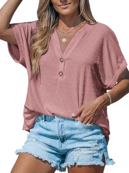 CUPSHE Women Tops Short Sleeve Button Tee V Neck Shirt Casual Vacation Pink L