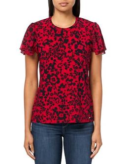 Tommy Hilfiger Women's Suits Flutter Sleeve Floral Top, Scarlet/Midnight, S
