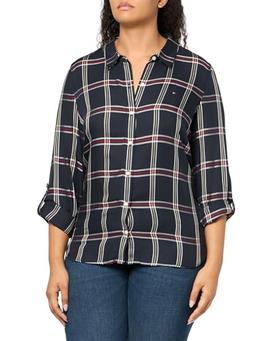 Tommy Hilfiger Womens Long Sleeve Button Up Roll Tab Sportswear Top, Deep Sky Captain Multi, Large