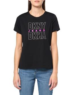DKNY Women's Short Sleeve V-Neck Mesh Ruched Knit Top, Black/Shocking Pink, Small