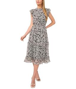 CeCe Women's Flutter Sleeve Smocked Waist Midi Dress, Rich Black