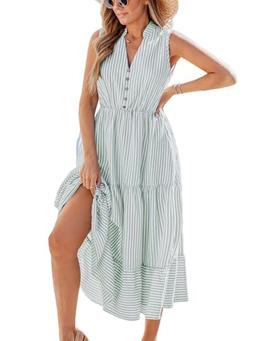 CUPSHE Women Ruffle Summer Dress 2025 Stripe Notched V Neck Front Button Casual Sun Dress Elastic Waist Holiday Beach Midi Dress with Pockets, Green L