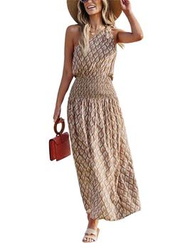 CUPSHE Women's Maxi Dress One Shoulder Retro Boho Paisley Smocked Sleeveless Fitted Long Summer Formal Dress Khaki, M