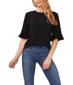 CeCe Women's Ruffle Cuff Crew Neck Blouse, Rich Black