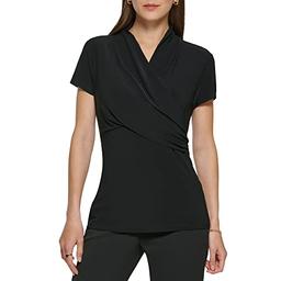 DKNY Women's Short Sleeve Cross Front Suit Blouse, Black, Large