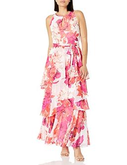 Tahari ASL Women's Sleeveless Ruched Neck Tiered Dress, White Berry Coral, 4