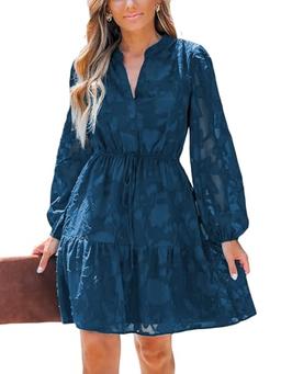 CUPSHE Women Lace Ruffle Mini Dress V Neck Long Peasant Sleeve Elastic Waist Tie Semi Formal Wedding Guest Dress Fall, Navy Blue XS