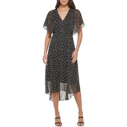 DKNY Women's Flutter Sleeve Smocked Waist Midi Dress, Black Multi, 0
