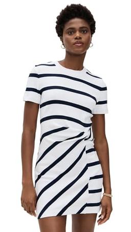 Tanya Taylor Women's Short Short Sleeve Cody Dress, White/Maritime Blue Wide Strip, M
