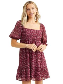 ALTAR'D STATE Women's Short Sleeve Floral Dress, Square Neck Casual Summer and Fall Patterned Short Length, Burgundy Floral Dress, Extra Large