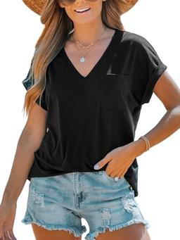 CUPSHE Women Tops Onyx V-Neck Short Sleeve Tee Front Pocket Shirt Solid Tee Casual Dressy S
