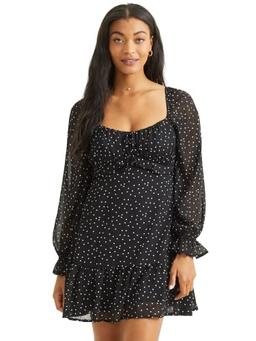 ALTAR'D STATE Women's Long Sleeve Polka-Dot Dress, Scoop Neck Casual Summer and Fall Patterned Short Length Dress, Black and White, Extra Large