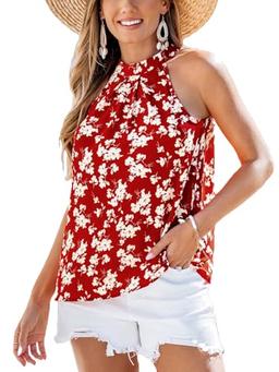 CUPSHE Womens Summer Tops Sleeveless Keyhole Floral Vacation Work Blouse Shirt Red L