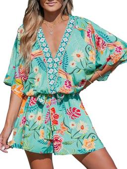 CUPSHE Women's Mini Dresses V Neck Floral Half Dolman Sleeeve Belted Loose Fit Short Summer Beach Dress Mint Floral, XL