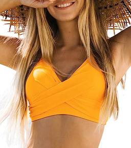 CUPSHE Women Swimsuit Bikini Top Wrap Self Tie Bathing Suit with Fixed Wide Straps, M Bright Yellow