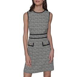 Karl Lagerfeld Paris Women's Waist Piping Crew Neck Textured Jacquard Dress, Black Soft White