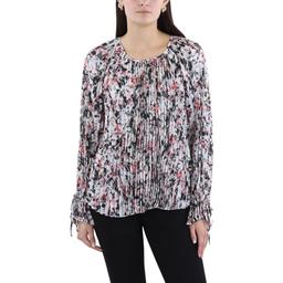 BCBGMAXAZRIA Women's Relaxed Long Sleeve Top Wrist Tie Crew Neck Button Shirt, Multi, Small