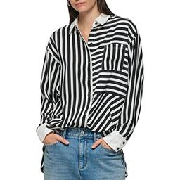 Karl Lagerfeld Paris Women's Soft Long Sleeve Stripe Everyday Fashion Sport Blouse, Black SFT White, Small