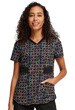 Infinity Contemporary Women's V-Neck Print Scrub Top with 2 Pockets, Back Princess Seams, Shirttail Hem & Side Vents CK771, S, Links of Love