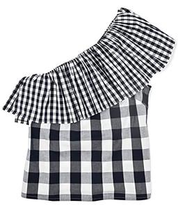 J.Crew Mercantile Women's One-Shoulder Ruffle Poplin Tank (0, Dark Navy/White Mixed Gingham)