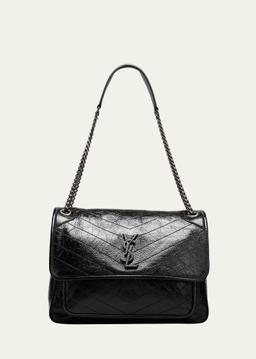 Niki Large Flap YSL Shoulder Bag in Crinkled Leather
