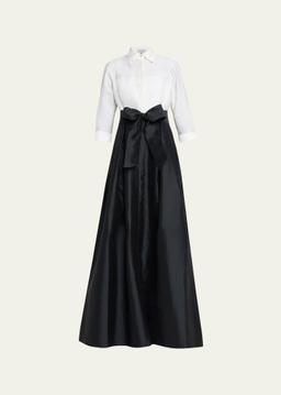 Two-Tone 3/4-Sleeve Taffeta Shirtdress Gown