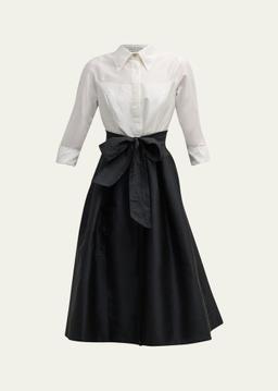 Two-Tone 3/4-Sleeve Taffeta Shirtdress
