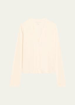 V-Neck Button-Down Long-Sleeve Stretch-Linen Cardigan