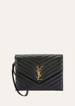 YSL Monogram Flap Clutch Bag in Grained Leather
