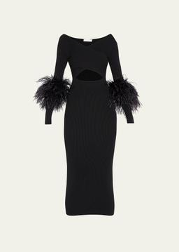 Criss-Cross Cutout Midi Dress w/ Feather Trim