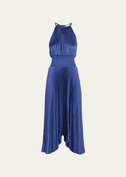 Renzo II Satin Pleated High-Neck Midi Dress