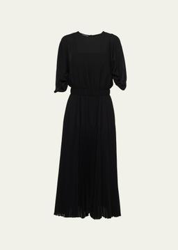 Sunray Pleat Sable Belted Midi Dress