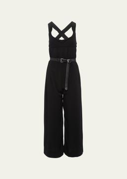 Leather Belted Wide-Leg Crepe Jumpsuit