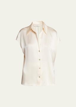 Cap-Sleeve Ruched-Back Silk Blouse