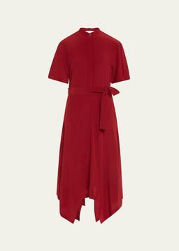 Silk Crepe De Chine Midi Dress with Tie Belt