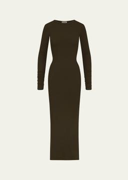 Long-Sleeve Crewneck Rib-Knit Maxi Dress