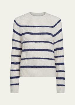 Ribbed Stripe Raglan-Sleeve Crewneck Sweater