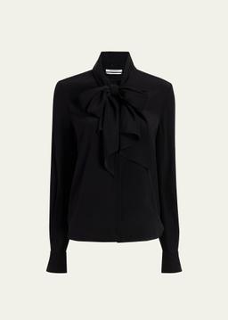 Scarf-Neck Button Up Silk Blouse