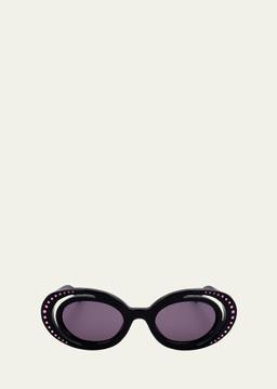 Crystal-Embellished Acetate Oval Sunglasses