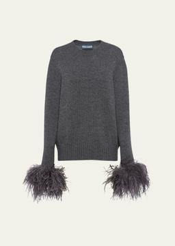 Feathered-Cuff Cashmere Sweater