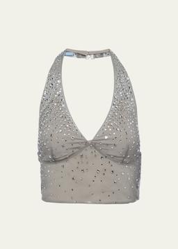 Crystal-Studded Tulle Halter Top