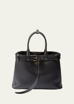 Large Buckle Grain Leather Top-Handle Bag