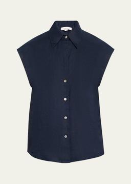 Cap-Sleeve Linen Button-Front Blouse