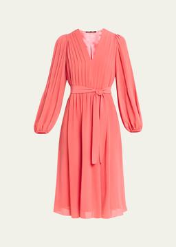 Tatum Pintuck Blouson-Sleeve Midi Dress