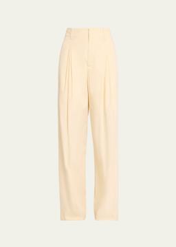 High-Rise Double Pleated Wide-Leg Technical Cotton-Silk Trousers