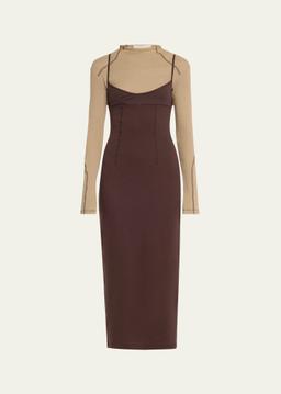 Long-Sleeve Combo Midi Dress